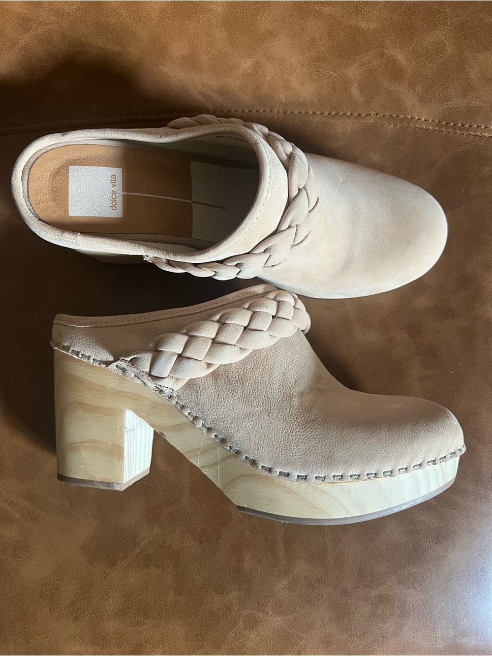 Dolce Vita Cream Braided Leather Clog Heels
